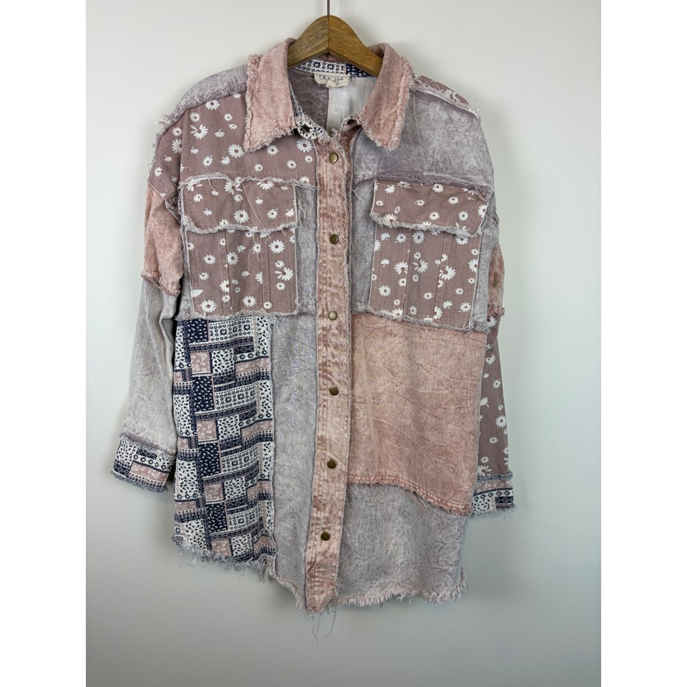 Oli & Hali Patchwork Barn Coat Small Pink Floral Boho Distressed Jacket Snap Up